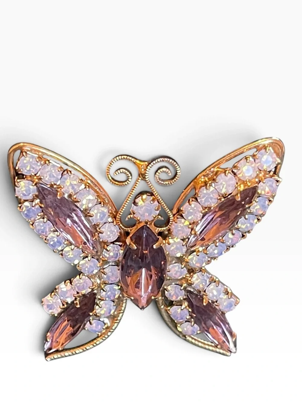High-End Vintage Purple & Opaline Rhinestone Gold-Tone Butterfly Brooch